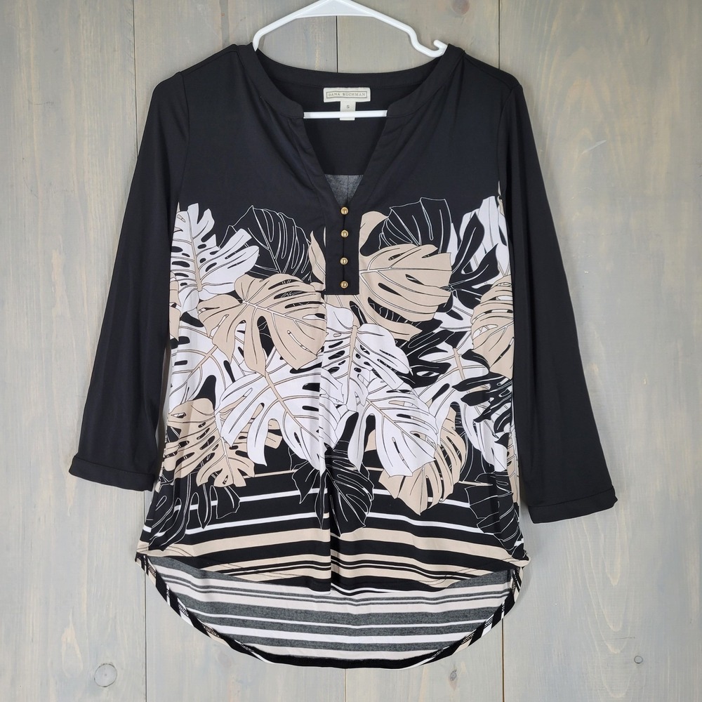 Dana Buchman Blouse Top Women S Black Tropical Leaf 3/4 Sleeve Stretchy